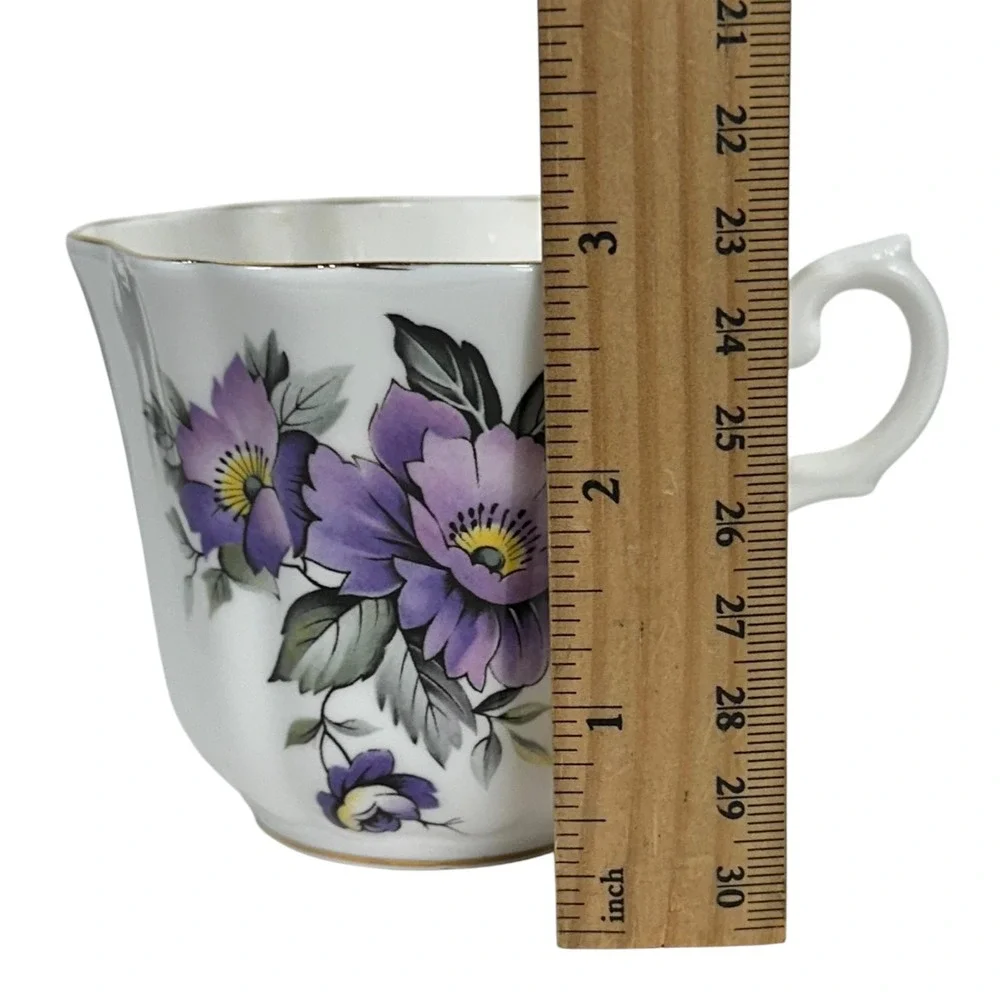 VTG Royal Grafton Tea Cup Saucer Purple Floral Scalloped Bone China England Gold